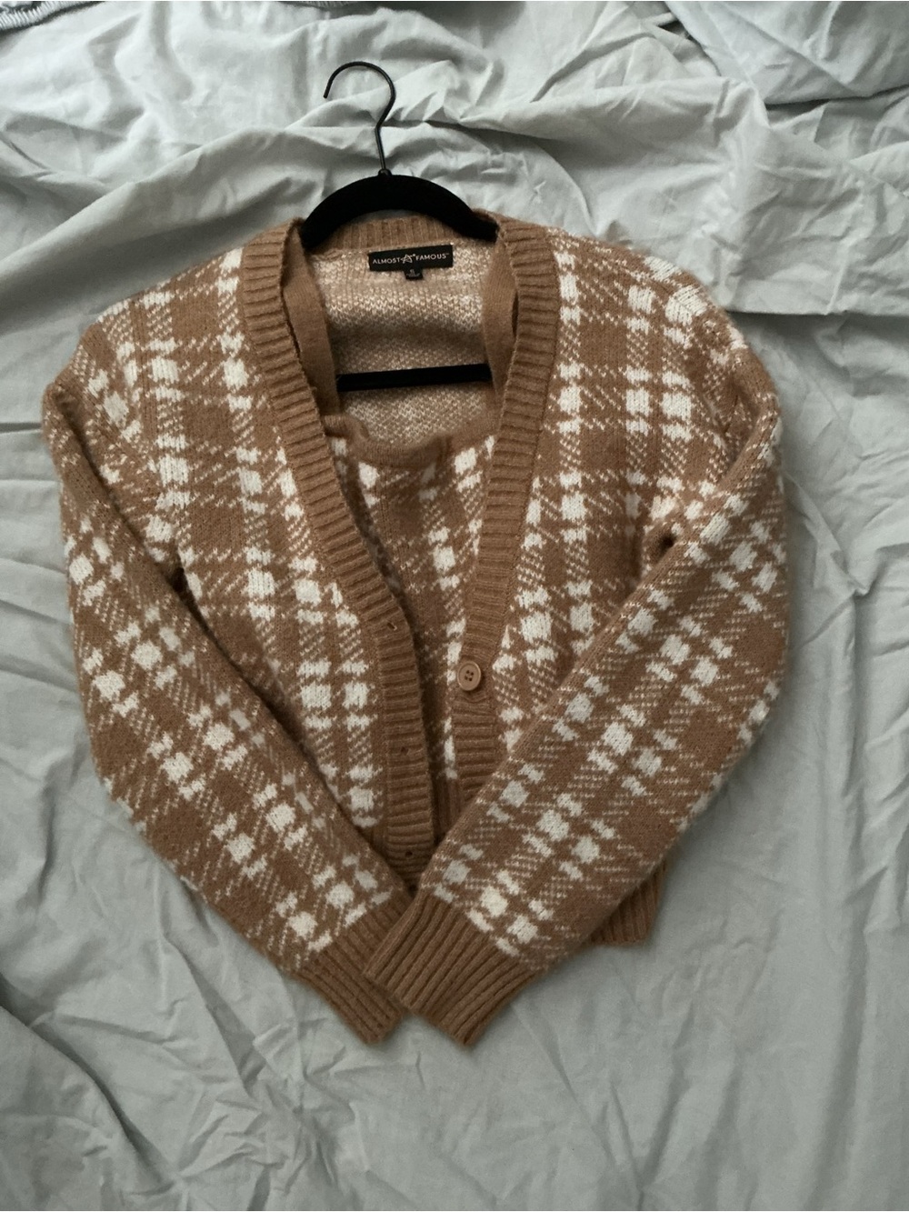 Plaid Knit Cardigan in Camel & White